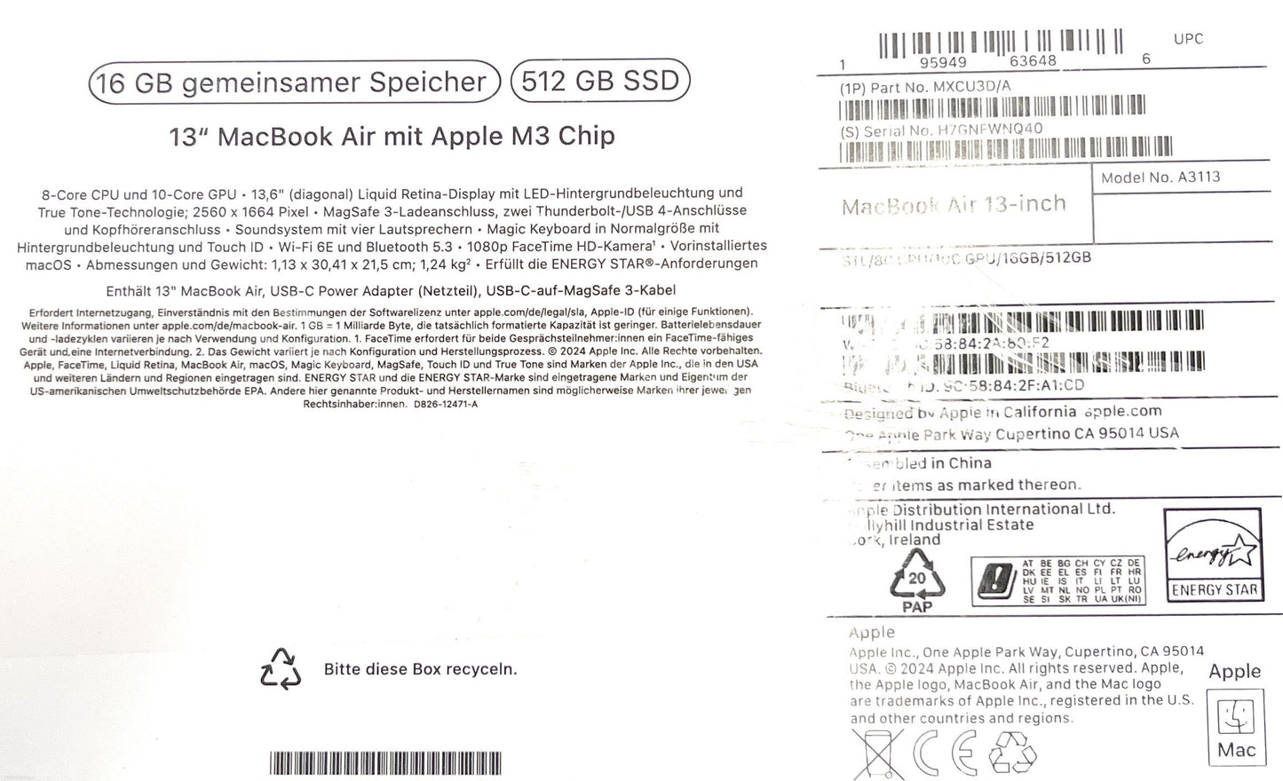 2024 Apple MacBook Air 13,6" Laptop M3 Chip 16GB RAM 512GB SSD iCloud-Blocked - DEFEKT - ERSATZTEILE SPENDER