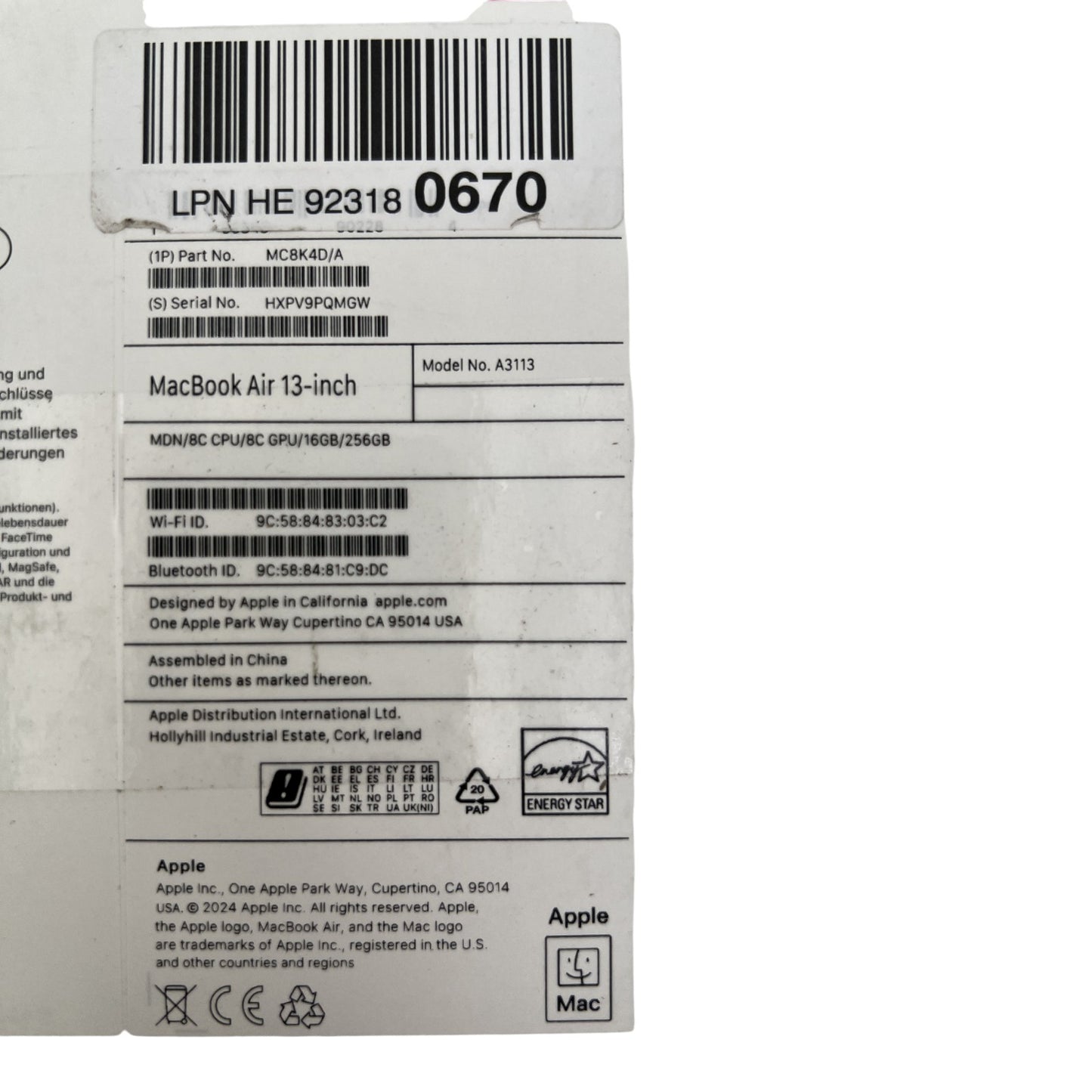 Apple MacBook Air 13,6" Laptop M3 16GB RAM 256GB SSD - DEFEKT - ERSATZTEILE SPENDER