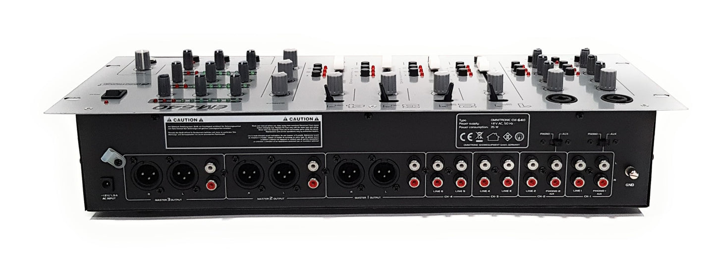 OMNITRONIC EM-640 Entertainment Mixer 6 Line-, 2 Phono/Aux 2 Mikrofone 3 Zonen