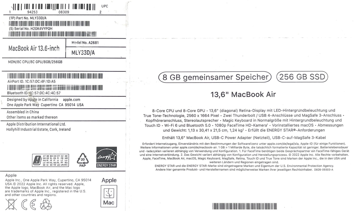 Apple MacBook Air 13,6 Zoll Notebook 2022 M2 8GB 256GB iCloud-Blocked - DEFEKT - ERSATZTEILE SPENDER