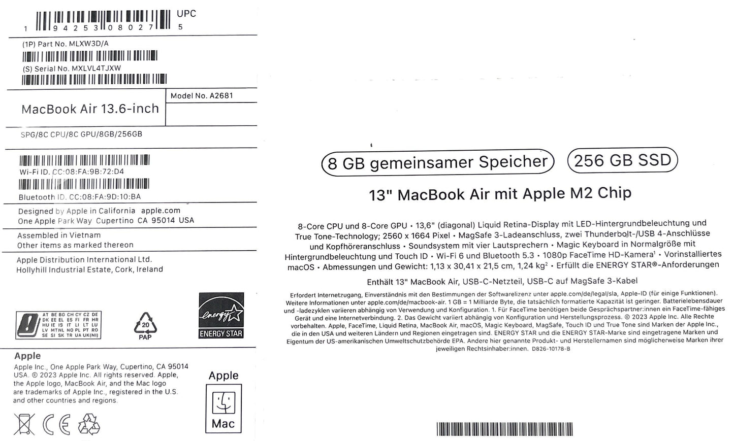 2022 Apple MacBook Air 13,6" Laptop M2 Chip 8GB RAM 256GB SSD iCloud-Blocked - DEFEKT - ERSATZTEILE SPENDER